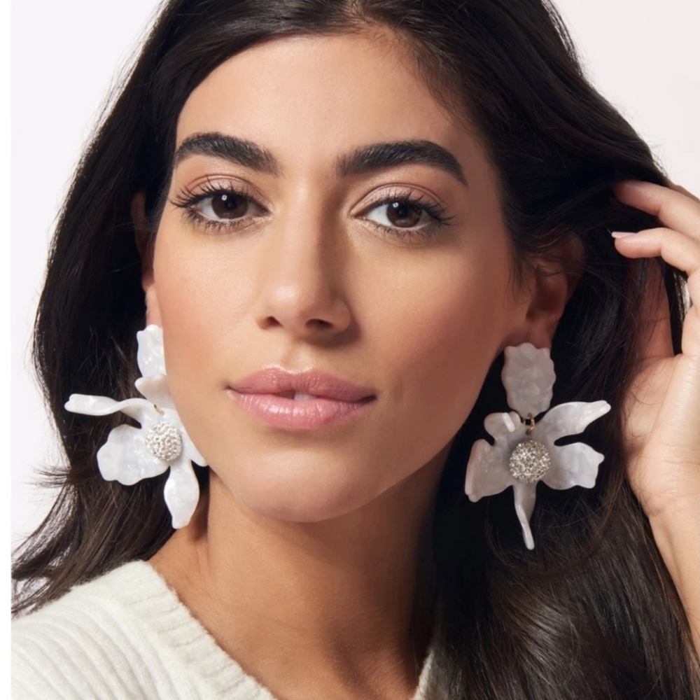 Lele Sadoughi White Crystal Sculptural Lily Drop Earrings
